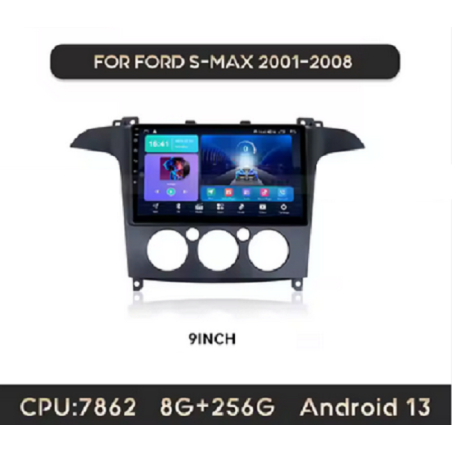 Autoradio 9", Android 13.0, 8G + 256G, Bluetooth, Carplay, GPS, Avec Clim Manuel - Ford S-Max De 2007 - 2008