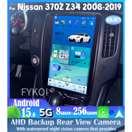Autoradio Tesla 13.8", Android 15.0, 64Go, Bluetooth, Wifi, Carplay, GPS + Caméra AV + AR - Nissan 370Z De 2008 - 2019