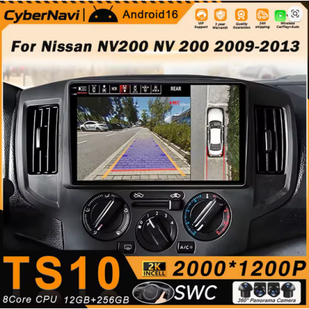 Autoradio 9.0", Android 12, 256 Gb, Bluetooth, Wifi, Carplay, GPS + Camera 360° - Nissan Navara NV200 M20 De 2009 - 2018