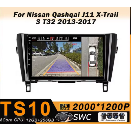 Autoradio 9.0", Android 12.0, Bluetooth, Carplay, GPS + Caméra 360° - Nissan Qashqai / X-TRAIL De 2013 - 2017