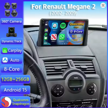 Autoradio 9.0", Android 15.0, CarPlay, 5G, Wifi, GPS, Bluetooth Caméra 360° - Renault Megane 2 De 2002 - 2009