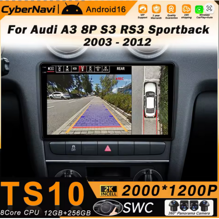 Autoradio 9", Android 16.0, 6G-128G, GPS, Bluetooth, WiFi, Carplay, Caméra 360° - Audi A3 8P De 2003 - 2013