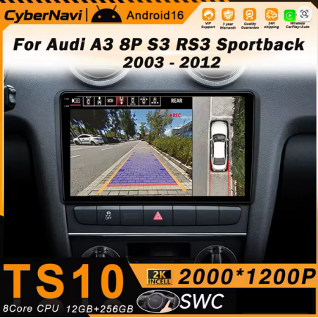 Autoradio 9", Android 16.0, 4G-64G, GPS, Bluetooth, WiFi, Carplay, Caméra AR - Audi A3 8P De 2003 - 2013