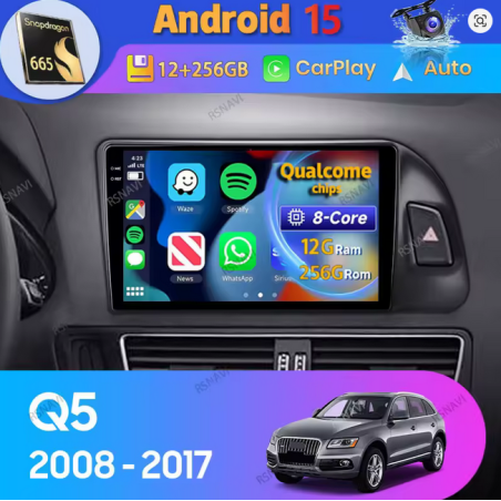 Autoradio 10.0", Android 15.0, 2K 12G-256G, GPS, Bluetooth, WiFi, Carplay, Caméra 360 - Audi Q5 De 2008 - 2018