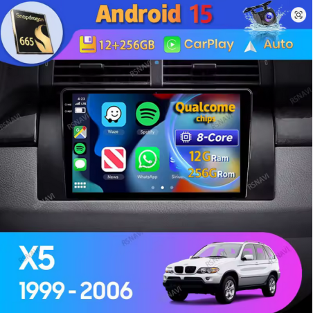 Autoradio 10.0", Android 15.0, 4G-64G, GPS, Bluetooth, WiFi, Carplay, Caméra 360 - BMW X5 E53 - 1998 - 2006