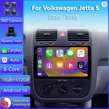 Autoradio 9", Android 16.0, 4G-64G, GPS, Bluetooth, WiFi, Carplay, Caméra 360 - VW Jetta De 2005 - 2010