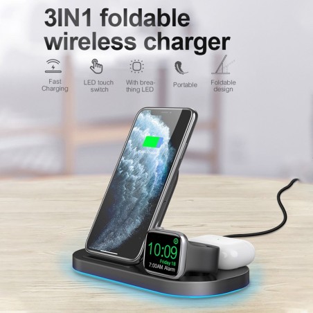 Station de chargeur sans fil 3 en 1 pliable De 15W pour téléphone, certifié Qi