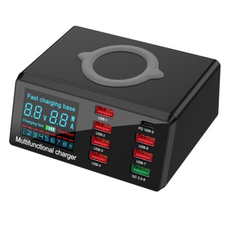 Station de charge USB sans fil 100W 18W PD QC3.0, affichage LED intelligent, 8 Ports USB
