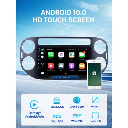 Autoradio 9", Android 10, HD écran tactile GPS - VW Tiguan De 2010 - 2015