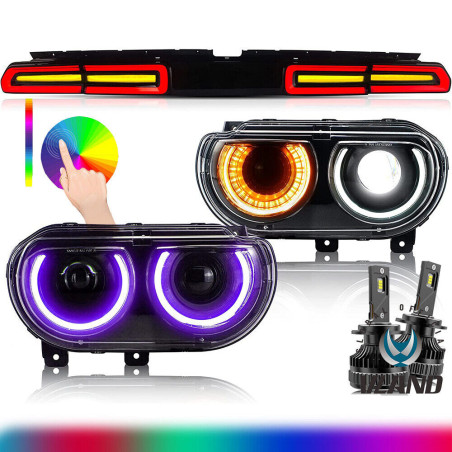 Phares Avant En Full Led RGB + Feux Arrières Light Bar - Dodge Challenger De 2008 - 2014